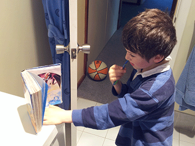 reading & brushing teeth